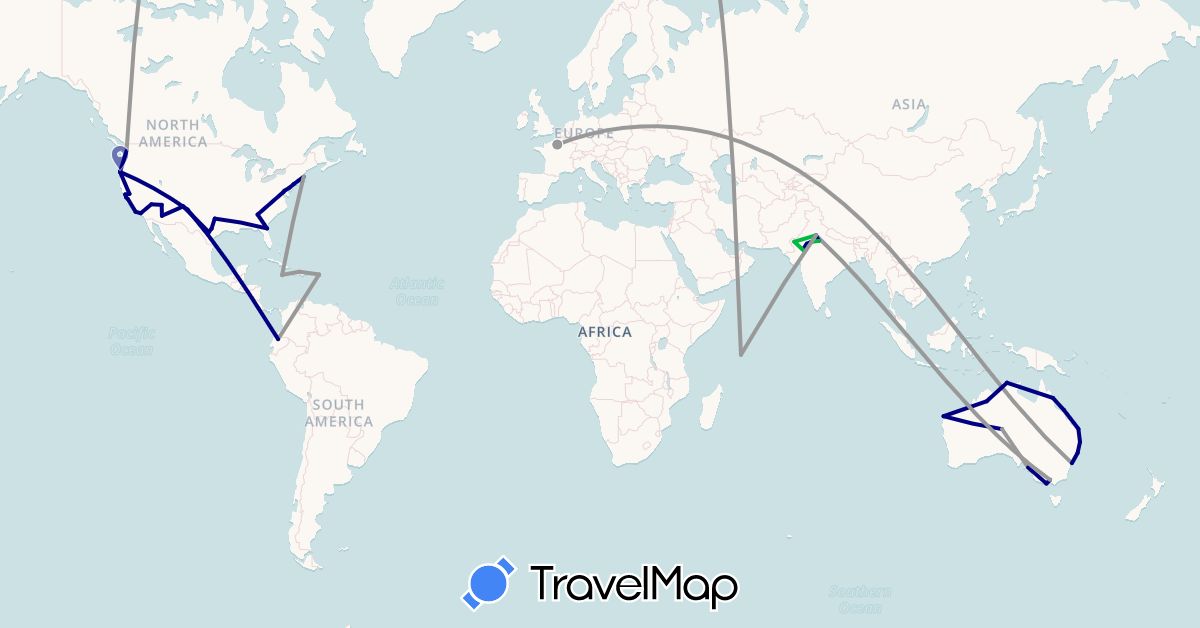 TravelMap itinerary: driving, bus, plane, boat, hitchhiking in Australia, Ecuador, France, Haiti, India, Jamaica, Puerto Rico, Seychelles, United States (Africa, Asia, Europe, North America, Oceania, South America)